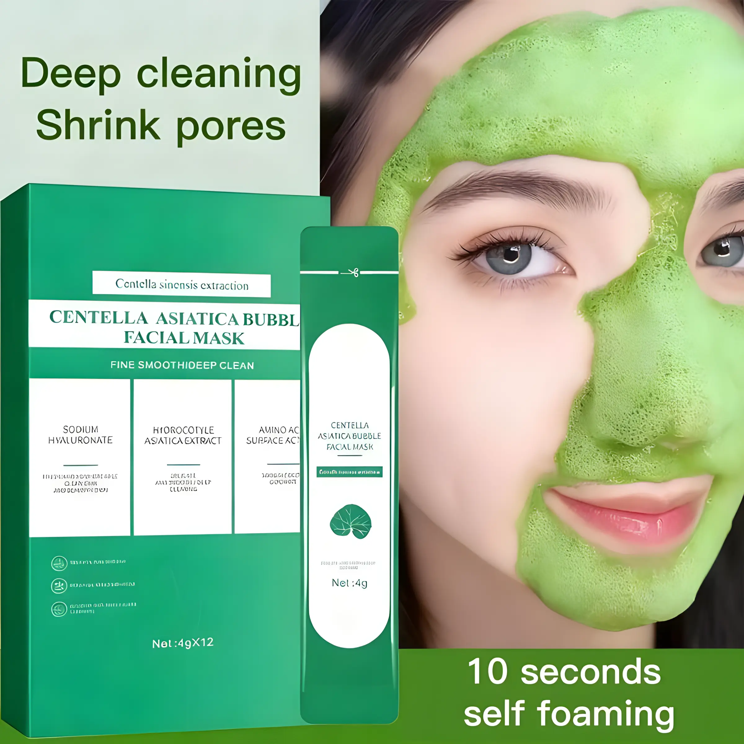 Howusn Centella Foam Facial Mask Deep Clean Oil Control Moisturizing Elastic Clear Texture Automatic Foaming 6 Minutes Cool Touch Long Lasting Moisture 4g x 12 - Cleansing, Acrylic