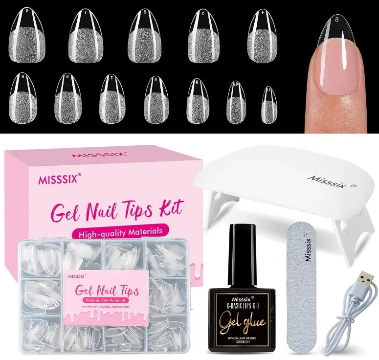 Misssix Short Almond Gel Nail Tips Kit, 216Pcs Pre Etched Clear Fake Nails, Full Cover False Nail 9-in-1 Gel Glue and Portable Mini U V Nail Lamp for Women 12 Sizes
