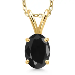 1.10 Ct Oval Black Sapphire 18K Yellow Gold Plated Silver Pendant with Chain