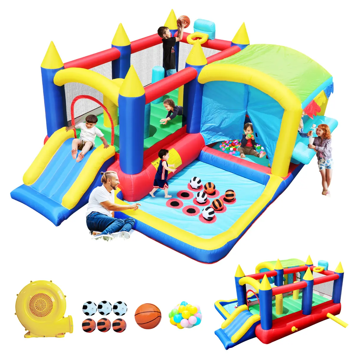 Pneumatic Inflatable Kids' Bounce House - 7-in-1 Oxford Fabric Sports Playground Equipment with Ball Pit, Obstacles, Temperature Control Device, ETL Blower for Domestic Use, Children's Birthday Gift
