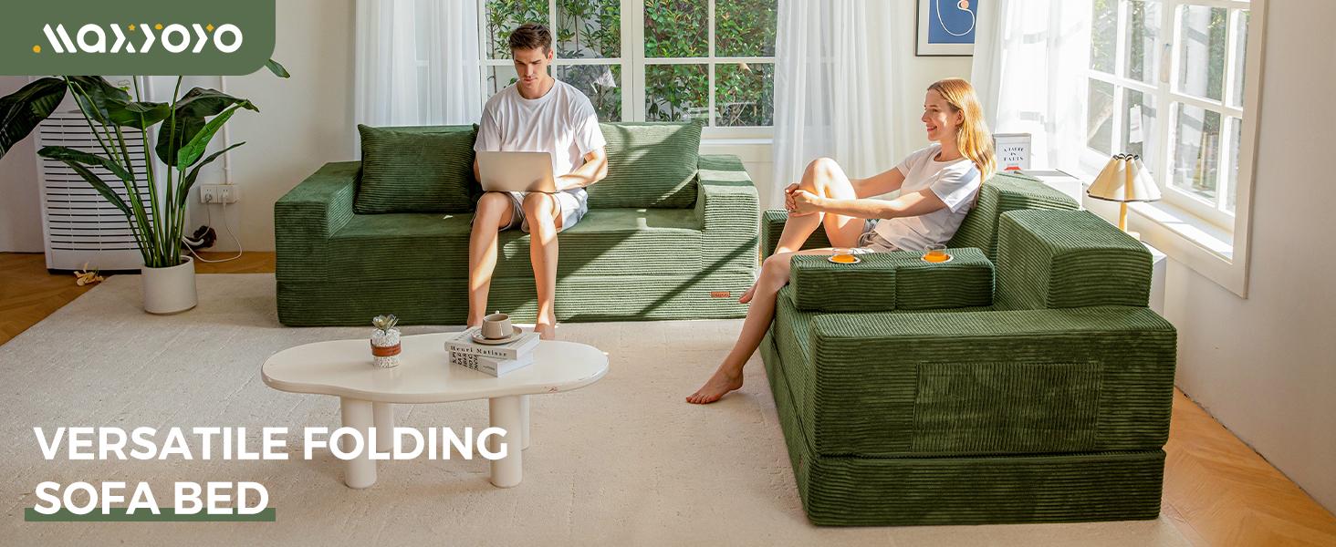 MAXYOYO Convertible Sofa Bed, 80" Oversized Boneless Loveseat Couch 4 in 1 Foldable Floor Sofa Couch in A Box with 2 Cup Holders, Folding Sleeper Chair for Living Room, No Assembly Required