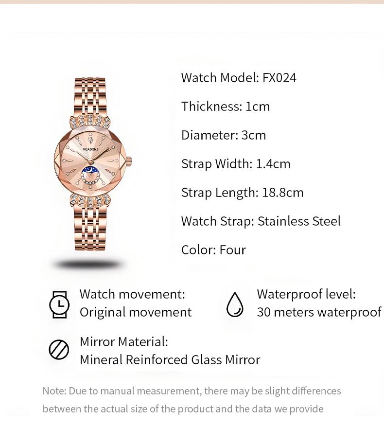 VEADONS Luxury Women's Jewelry Watch Diamond Cut Crystal Stainless Steel Case Water Resistant Moon Star Sun Design Elegant Wristwatch Perfect Gift for Her