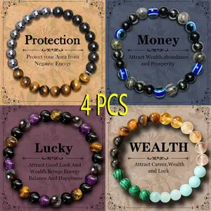 4PCS Exquisite Bohemian Beaded Bracelet - Natural Citrine, Malachite,Jewelry for Banquet Party.