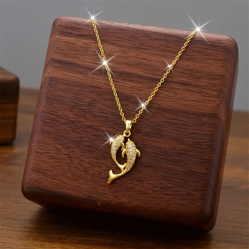 A Fashionable Shiny 18k Gold Plated Dolphin Pendant Necklace with Synthetic Zirconia, Perfect Valentine's Day Gift for Friends or Besties Stainless Steel Cuban Link cross
