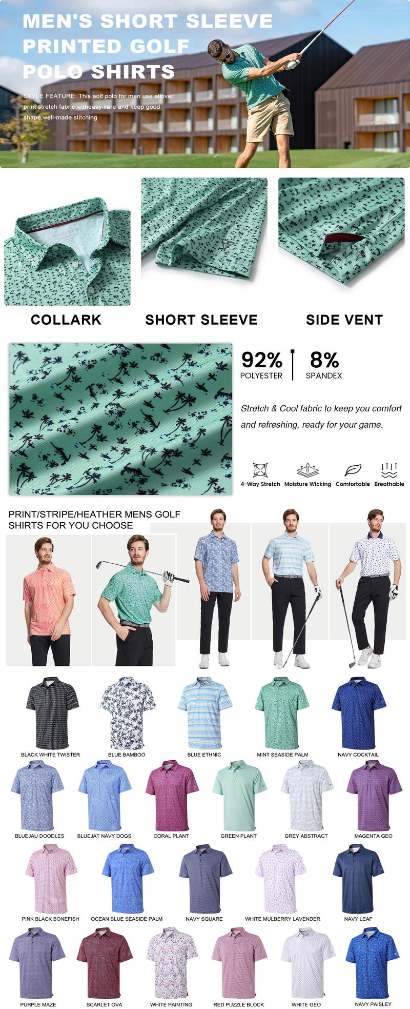 MAELREG Men's Fashion Polo Shirts Stretch Performance Golf Shirts Casual Tops Graffiti Lapel T-Shirts Creative Menswear Shortsleeve Mint Seaside Palm