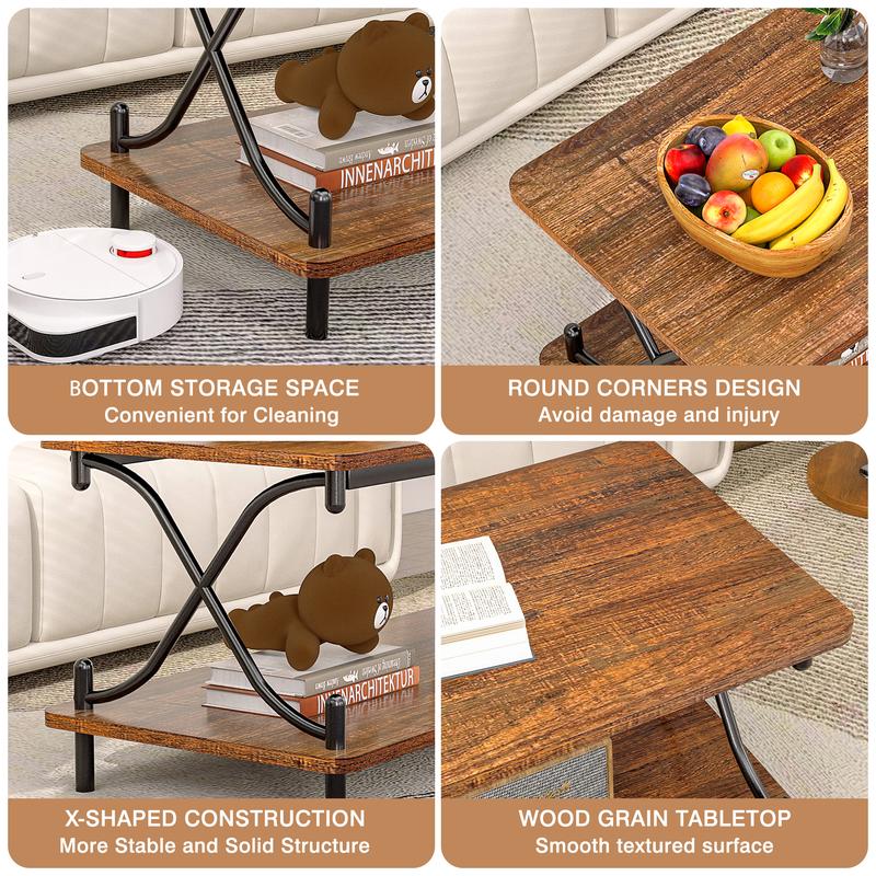 VECELO Coffee Table With Storage And Open Shelves, Modern Rectangle X-Shape Side Metal Frame Wood Console Table For Living Room Office, Brown ,Gold,Black