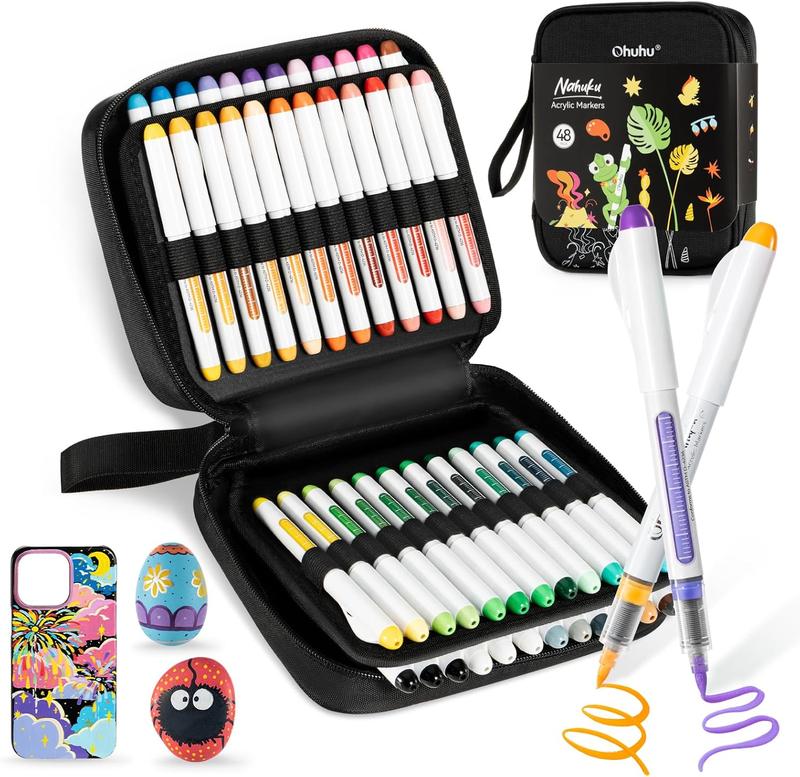 Ohuhu Acrylic Brush Tip Paint Markers 24 Pack/ 48 pack Vibrant Colors with Flexible Brush Tips High-Opacity Waterproof Lightfast Pens for Rock Wood Glass & More