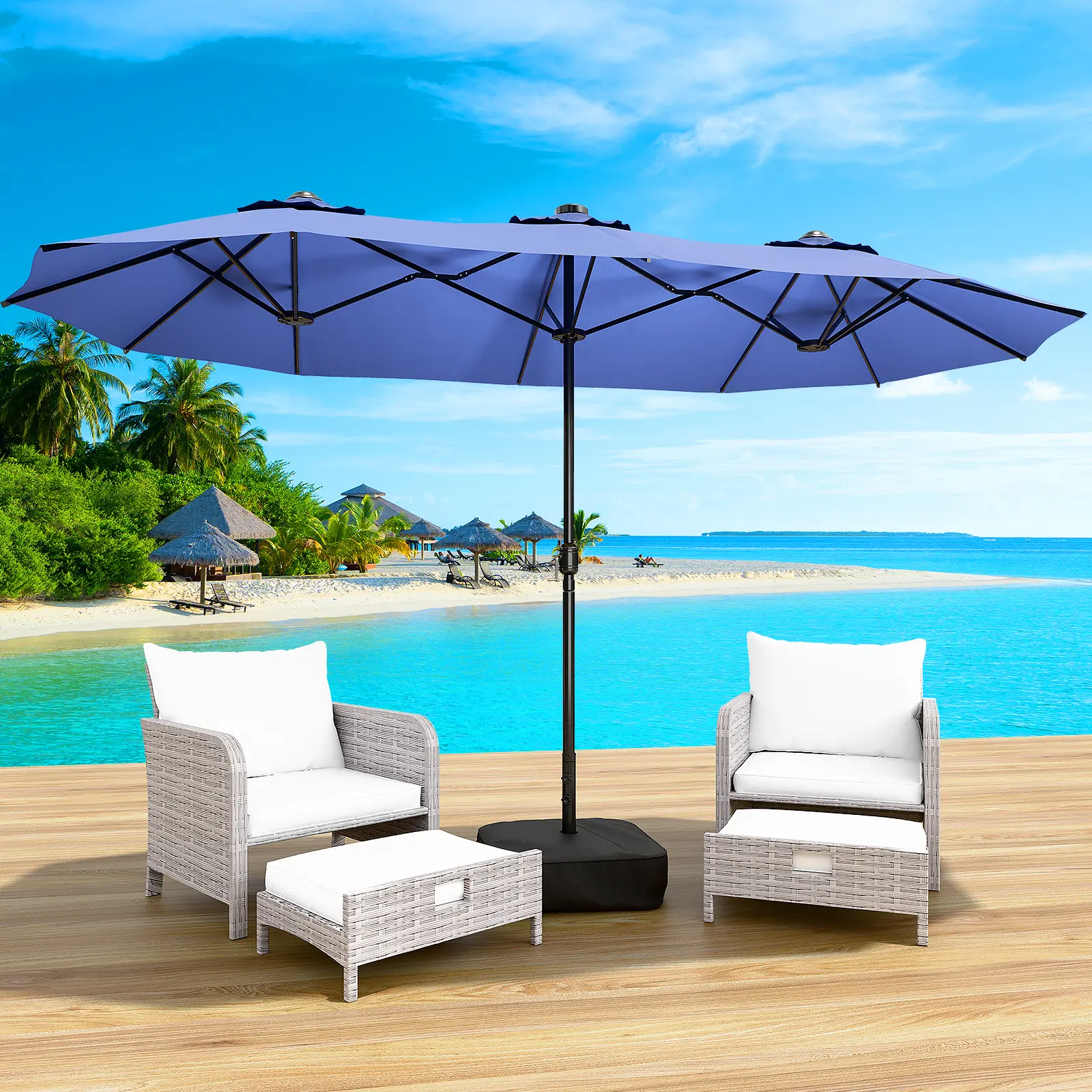 LEVELEVE 15FT Large Double-Sided Outdoor Patio Umbrella with Base - Heavy Duty Waterproof, UV Resistant Canopy, Sturdy Fixed Frame, Reinforced Rib Design, Adjustable Shade for Garden, Poolside Gatherings, Sun Protection, Windproof, UV Prevention, Outdoor