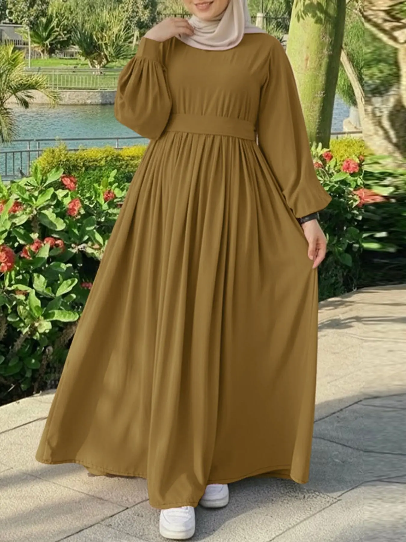 Women's Casual Long Dress, Lantern Sleeves with Belt, Loose Fit A-Line Design, Long Sleeve Plain Dress for Daily Wear, Muslim Dresses, Modest Islamic Clothing, Modest Style Dress, Modesty Muslim Clothing