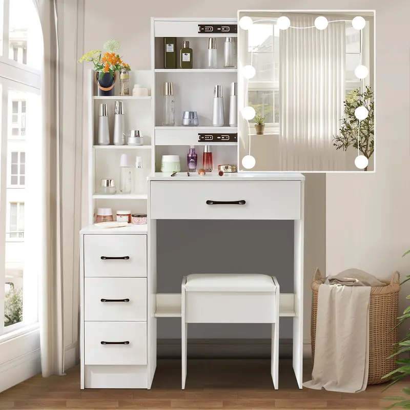 White Makeup Vanity Desk with Lighted Mirror 3 Color Modes Brightness Adjustable Vanity Table with 4 Drawers Soft Stool 4 Shelves for Bedroom Modern MDF Wood Construction