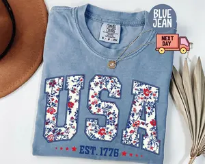 Comfort Colors Floral USA Shirt, American Girl Shirt, USA Est 1776 Shirt, Girly 4th of July Shirt, Patriotic Women Shirt, Flower USA Shirt