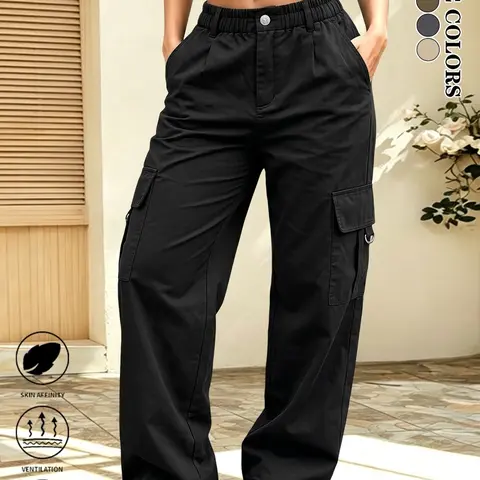 LIFE KEEPS MOVING women’s street casual cargo pants with elastic pockets, non-stretch fabric high-waisted cargo pants, solid color straight-leg outdoor casual pants, versatile wide-leg pants suitable for all seasons