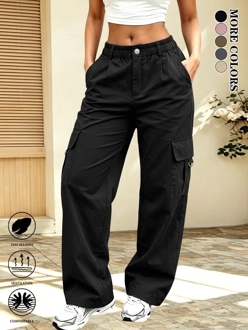 LIFE KEEPS MOVING women’s street casual cargo pants with elastic pockets, non-stretch fabric high-waisted cargo pants, solid color straight-leg outdoor casual pants, versatile wide-leg pants suitable for all seasons