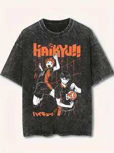 Haikyuu Anime T-Shirt Vintage Wash Oversized | Hinata & Kageyama Volleyball Shirt | Anime Streetwear Tee Gift Fit Round Neck