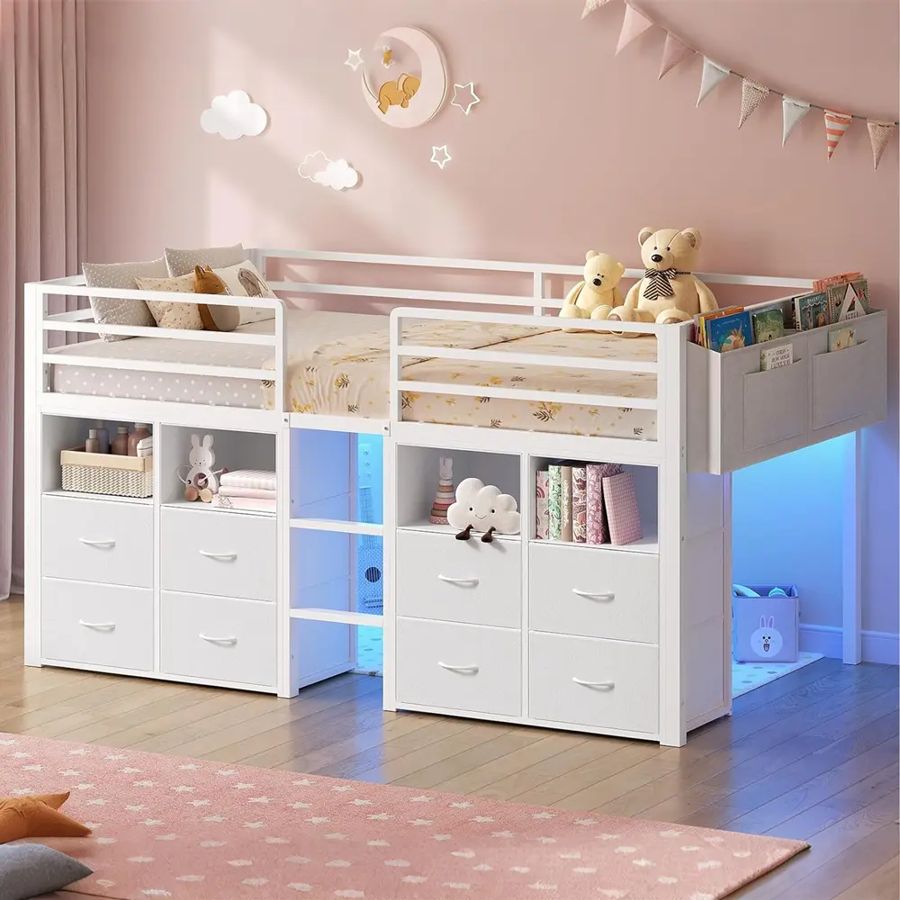 Sikaic Twin Size Low Loft Bed for Kids with 8 Storage Drawers, Bookcase & LED Lights, Metal Loft Bed with 14" High Safety Guardrails, Under-Bed Play Space, No Box Spring Needed, White, Home Furniture, Dorm Essentials [tiktokshopbacktoschool]