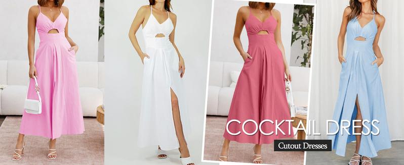 BTFBM Women's 2026 Summer Sleeveless Spaghetti Strap Maxi Dress V-Neck Cutout Slit Beach Party Dress with Pockets