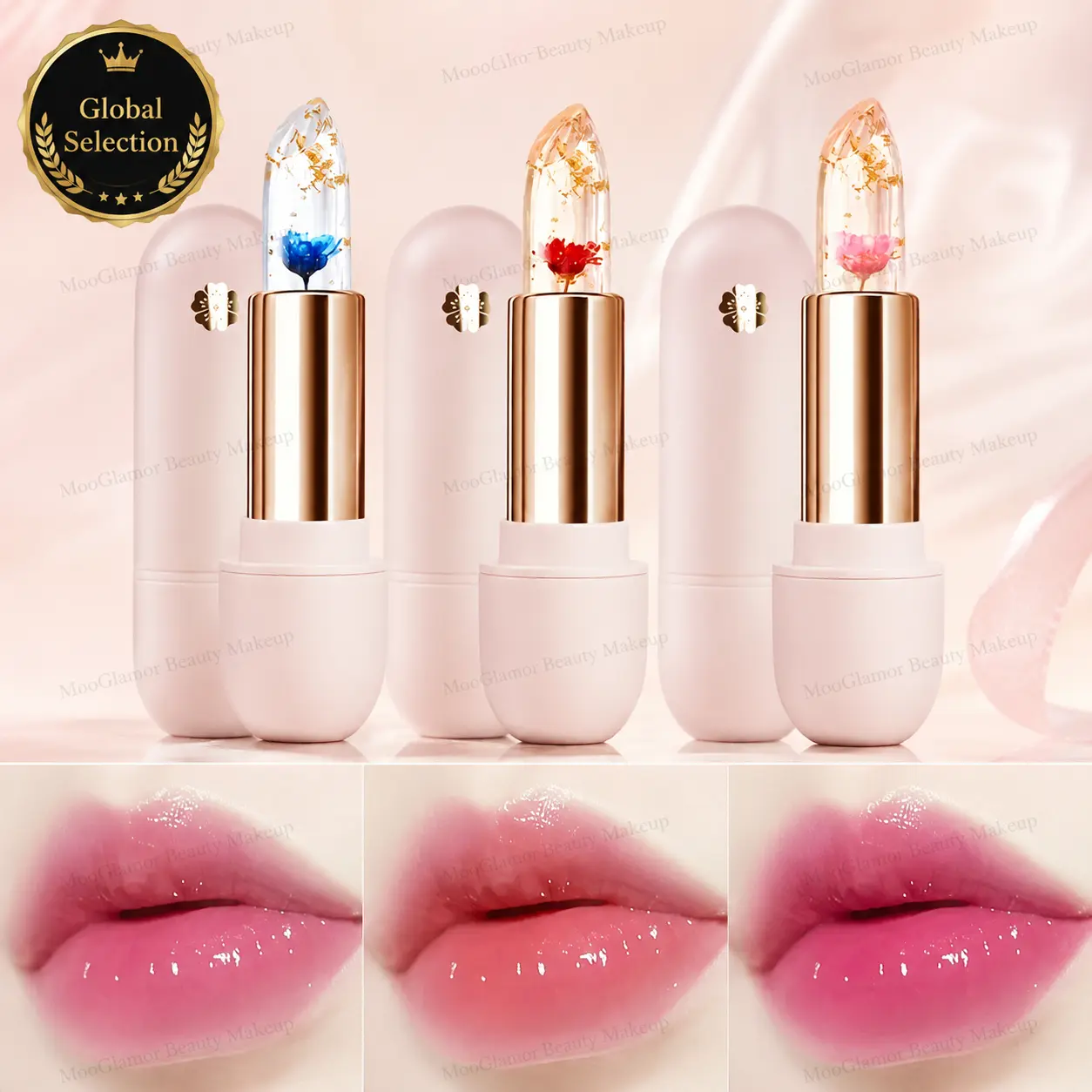 3Pcs Flower Jelly Color Changing Liptick Set Waterproof Long Lasting Moisturizing Makeup Gold Foil Petal Hydrating Lip Tint Temperature Changing Transparent Cosmetic summeressentials