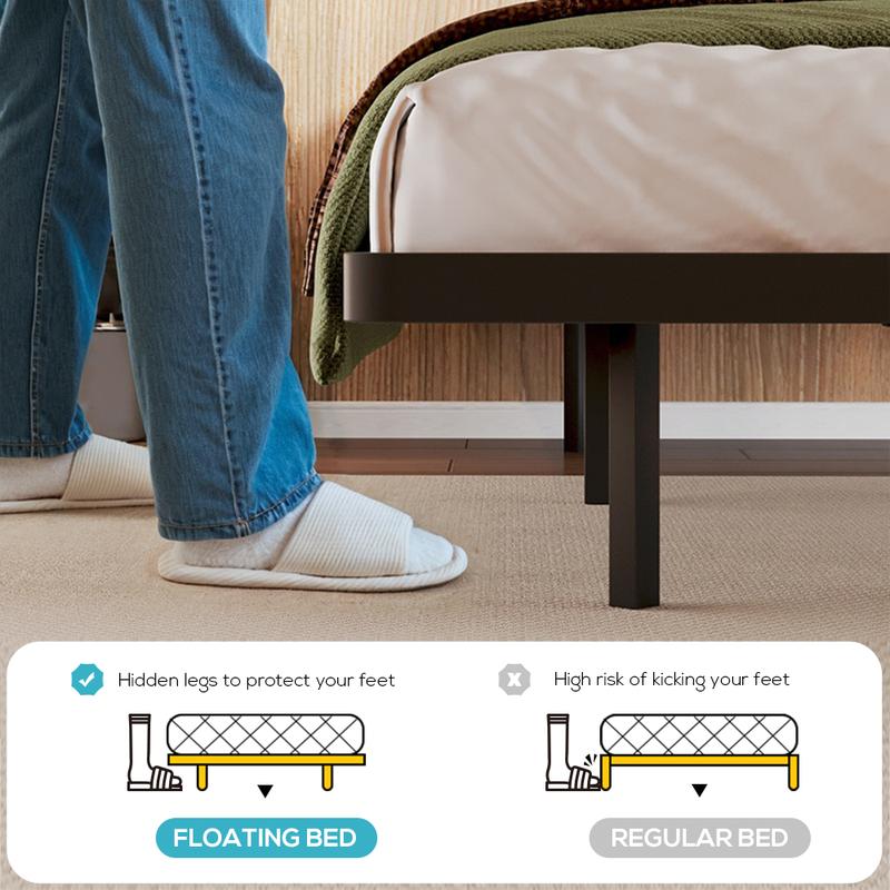 MUTICOR Floating LED Iron Bed Frame with Metal Slats【No Mattress】Headboard Outlets and Multi-Color Lighting, No Box Spring Needed, Twin/Full/Queen/King