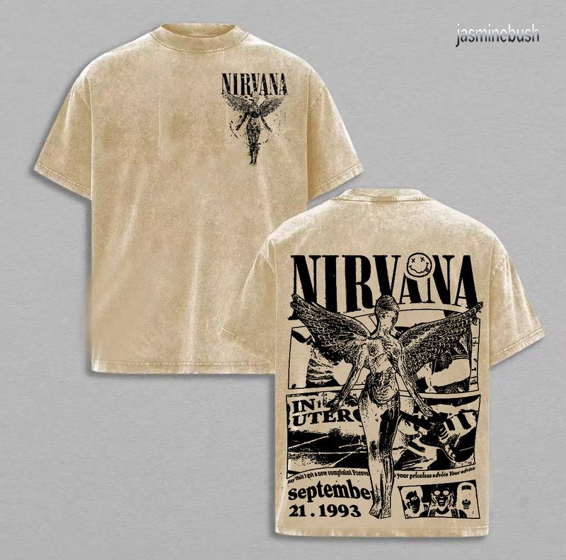 Nirvana in Utero rock band washed t-shirt - 100% Cotton, Crew Neck, Short Sleeve, Fitted, Casual Summer Tee for Men & Women