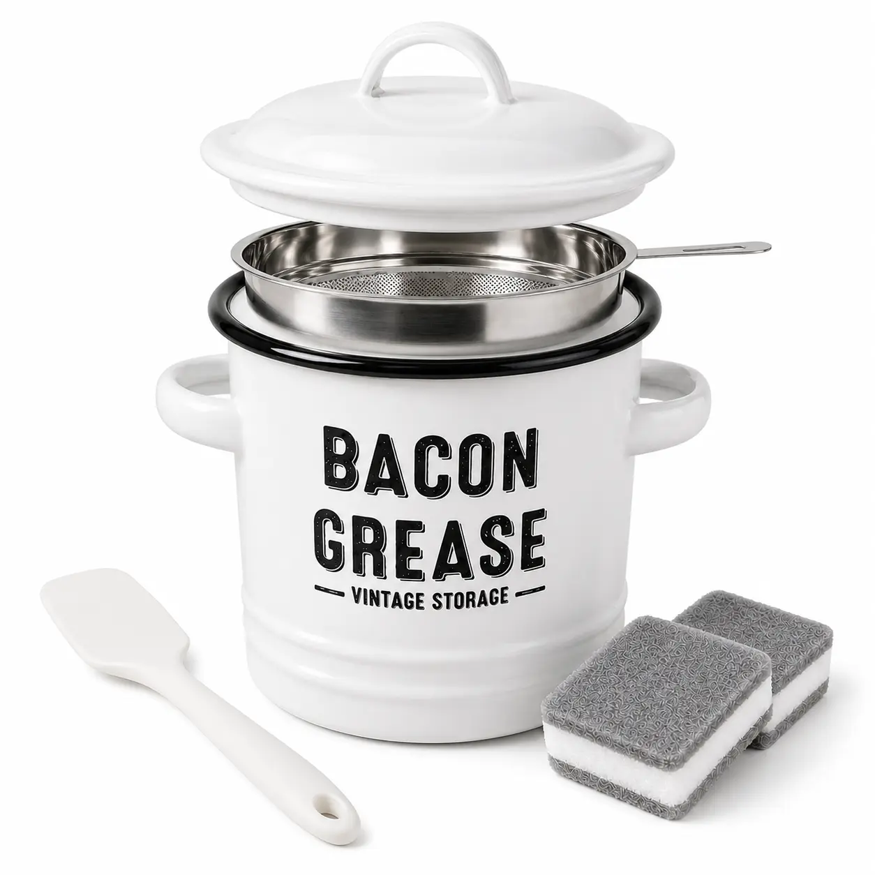 46oz Vintage Enamel Bacon Grease Keeper with Fine Mesh Strainer & Lid - Kitchenware Oil Storage Jar, Household Oil Storage Dispensers, Dishwasher Safe Set with Spatula & Cleaning Sponges for Home Cooking, Retro