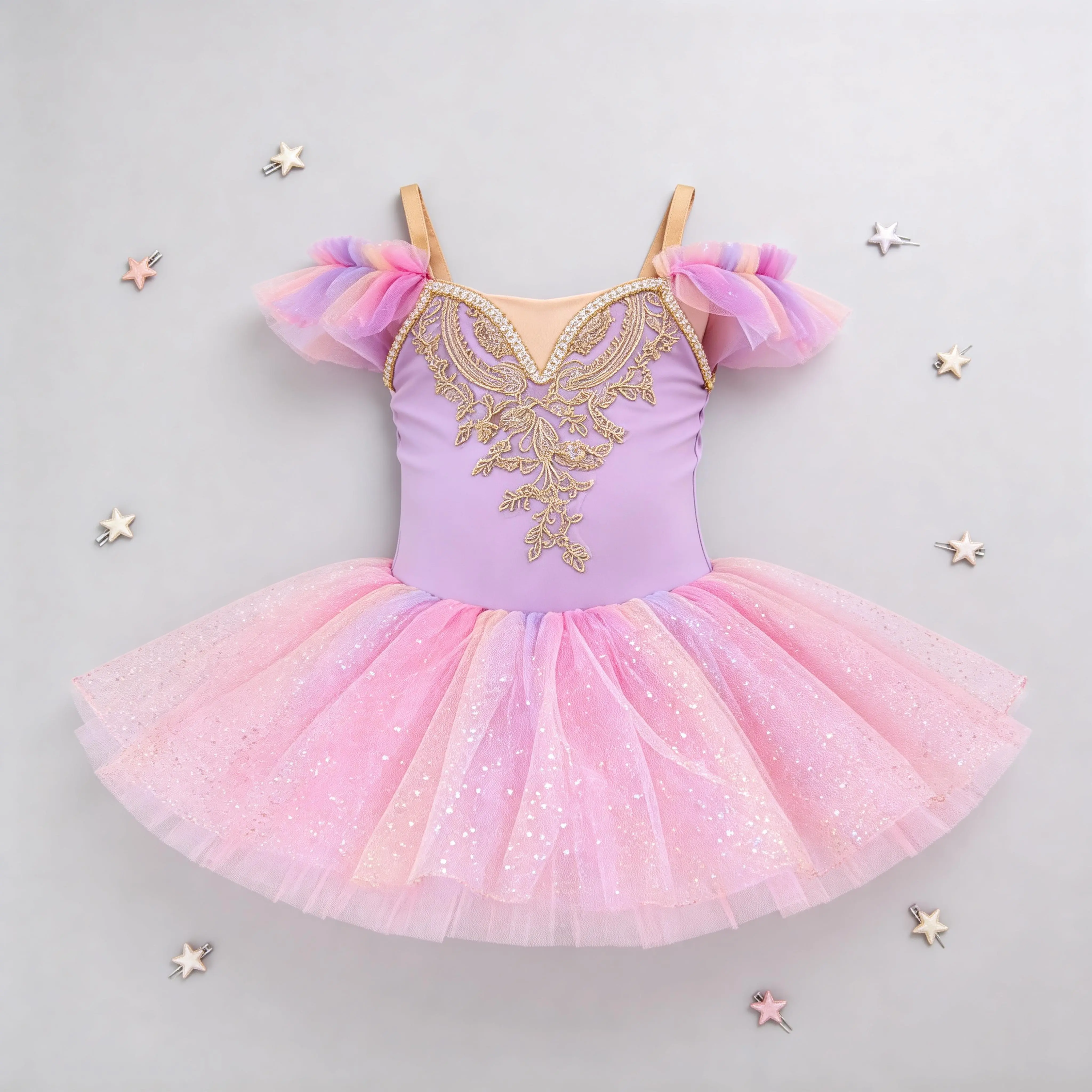 Girls Glitter Tutu Dress  Gold Embroidery Princess Dress