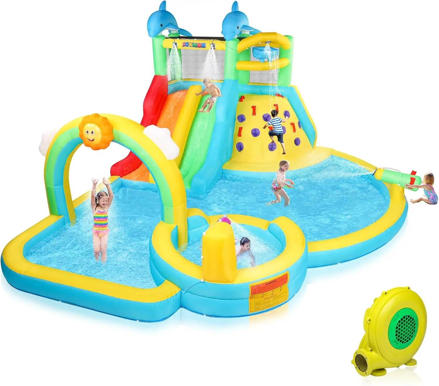 JOYMOR Inflatable Water Slide Bounce House w/Water Bucket, Climbing Wall, Pool, Rainbow Sprinklers, 1min Blow Up Water Slide 10-in-1 for Kids w/Strong Blower, Carrying Bag