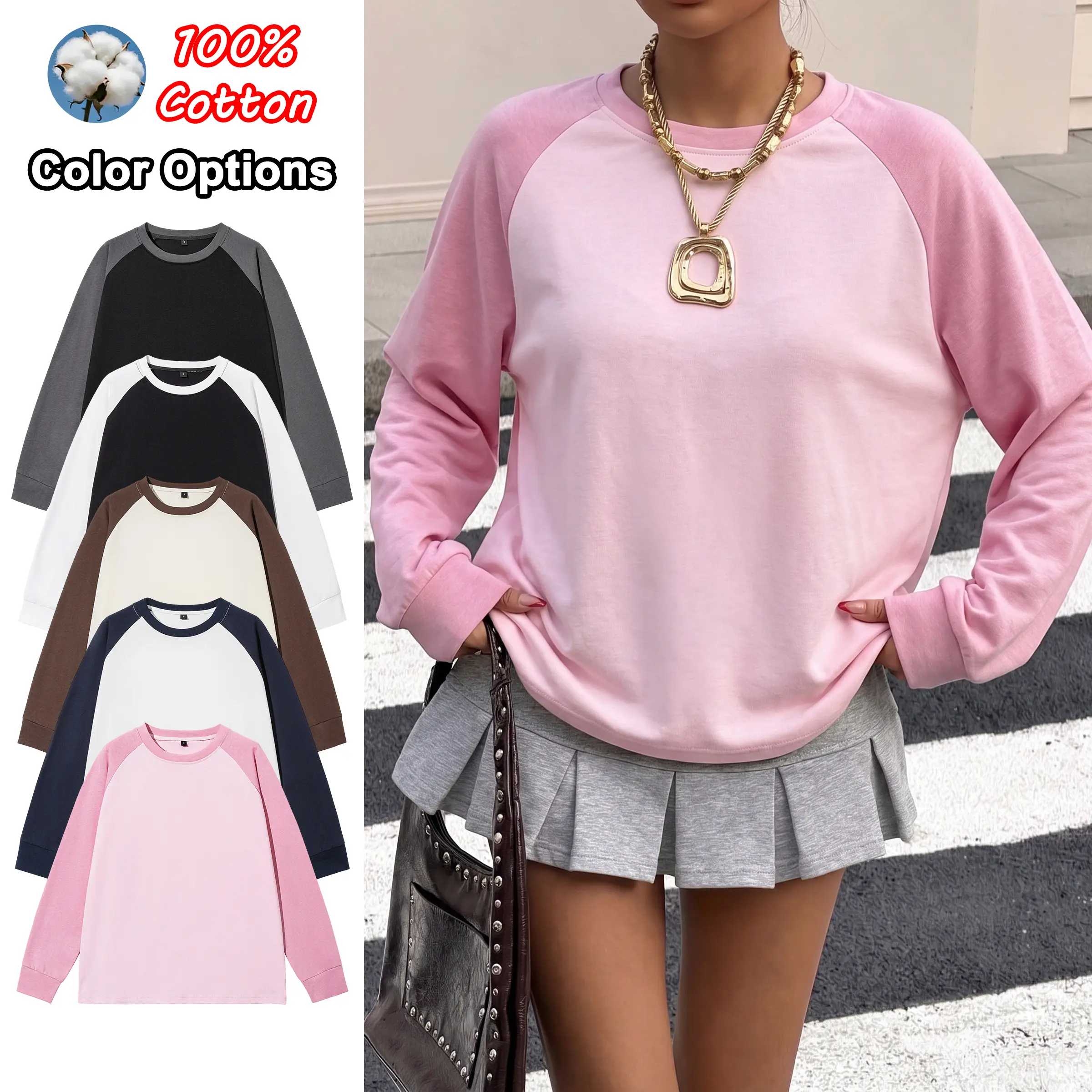 Unisex 3-pack color-block loose sweatshirts made of 100% cotton, casual lightweight sports tops for couples, crewneck base layer T-shirts suitable for all seasons, ideal for everyday wear and outings.