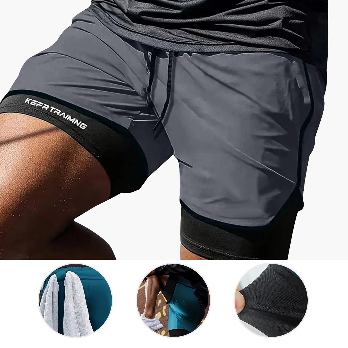 Men's two-piece double-layer sports shorts in solid color, with multiple pockets, suitable for fitness, running, outdoor hiking, soccer, beach and casual wear.