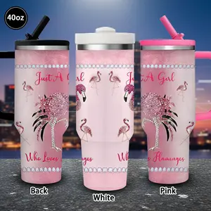 1pc 40oz Pink Glitter Flamingo Art Print, Just A Girl Who Loves Flamingos Wall Decor Tumbler with Lid and straw, Winter Insulated Travel Mug, Gift for Women Men, Ideal for Valentine's Day, Birthday Gift, Coffee Cup for Office