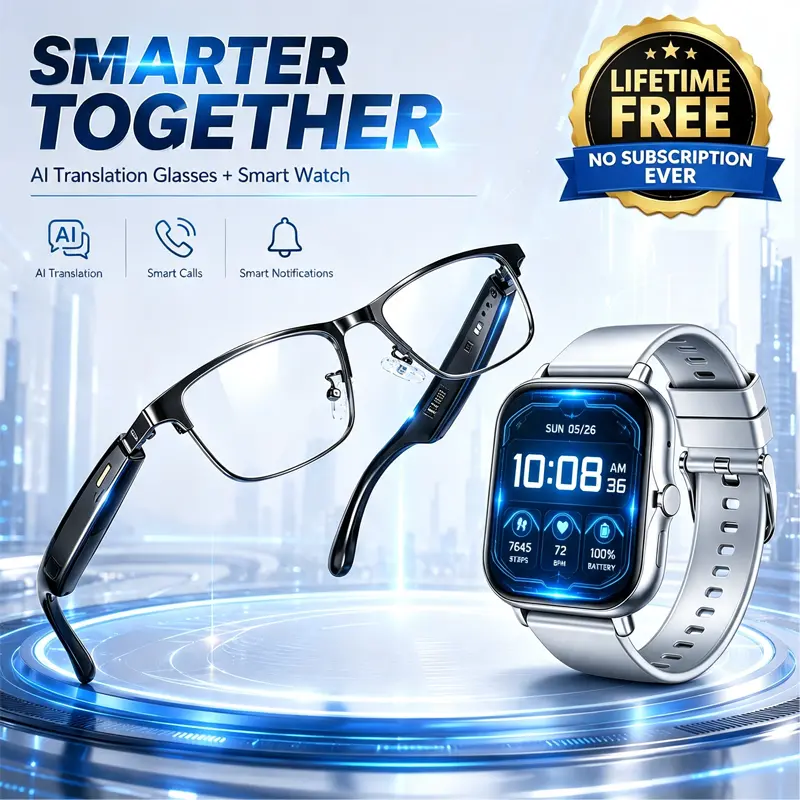 AI Smart Glasses & Smartwatch Wearable Tech Set – Real-Time Multi-Language Translation, Smart Calls, Photochromic Lenses, Notifications, Heart Rate Tracking – Ideal for Travel, Business, Perfect Gift for Special Occasions