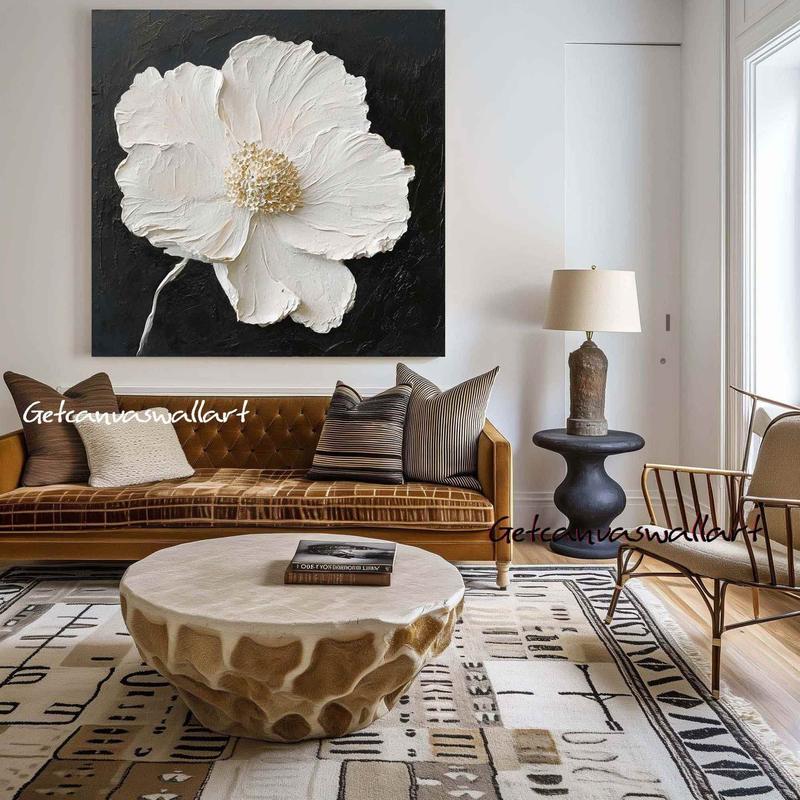 [Unframed] Black & White Impasto Flower Painting Large Minimalist Textured Floral Wall Art Print Modern Wall Decor