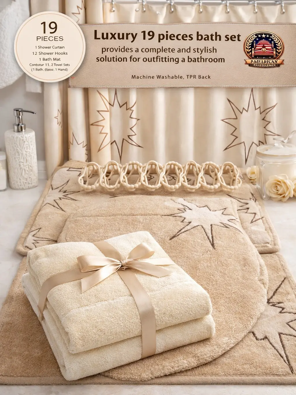 Luxury 19-pieces Bathroom set 2 Bath Mats Toilet Cover shower Curtain 3 towels 12 hooks complete.