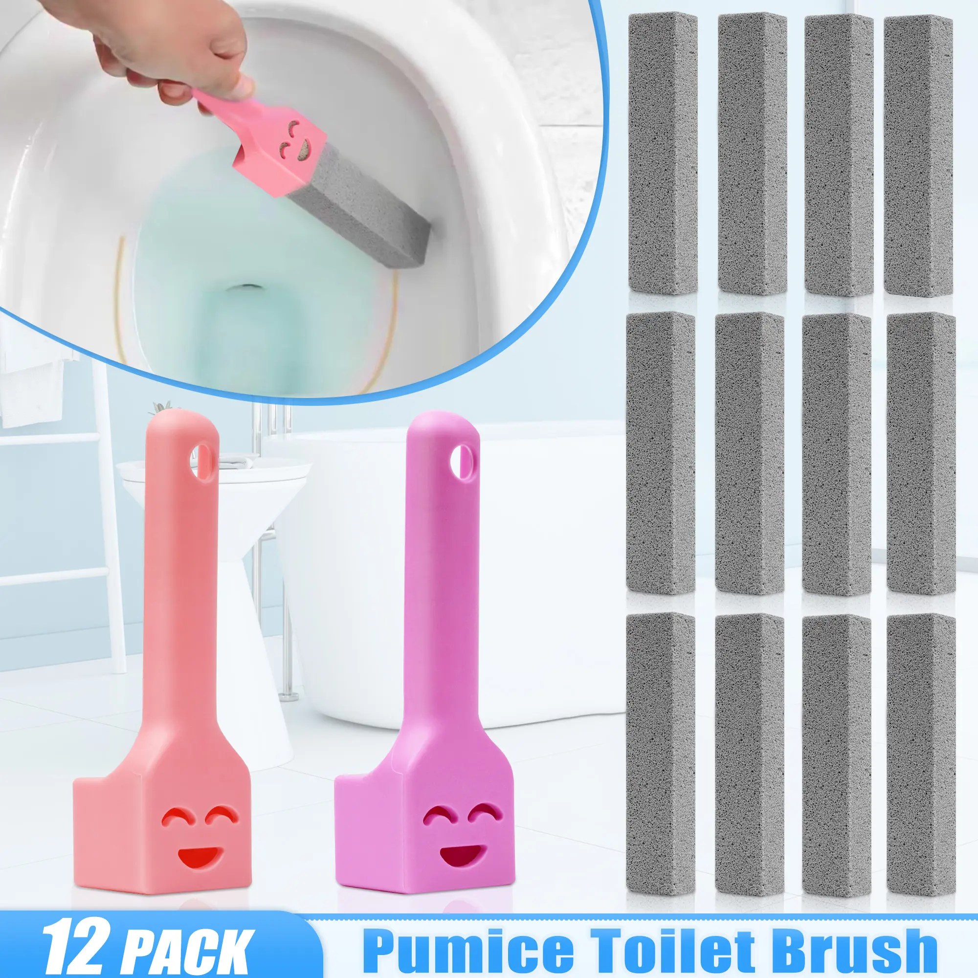 12PCS Long Handle Pumice Stone Brush, Toilet Bowl Ring & Limescale Remover, Safe for Porcelain, Reusable for Toilet, Tile, Tub, Pool & Kitchen