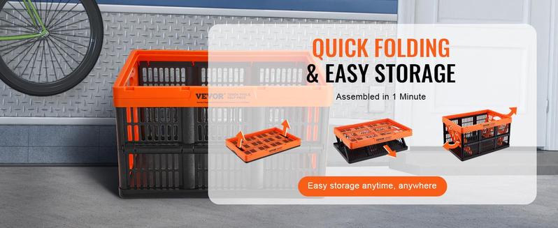 VEVOR Plastic Collapsible Storage Basket, 45L 3 Packs, Folding Stackable Storage Containers/Bins with Handles, Large Heavy Duty Containers for Clothes, Toys, Books, Snack, Shoes and Grocery Box