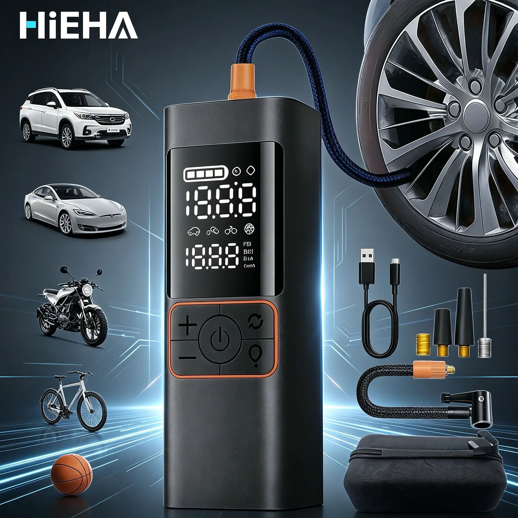 HIEHA 2026 Compact Cordless Rechargeable Portable Air Pump - 180 PSI Car Tire Inflator with Digital Pressure Gauge, LED Strobe/SOS Flash, Automatic Power-Off, Batteries, Jump Box, USB Port - Black for Cars, Motorcycles (P225 Compatible)