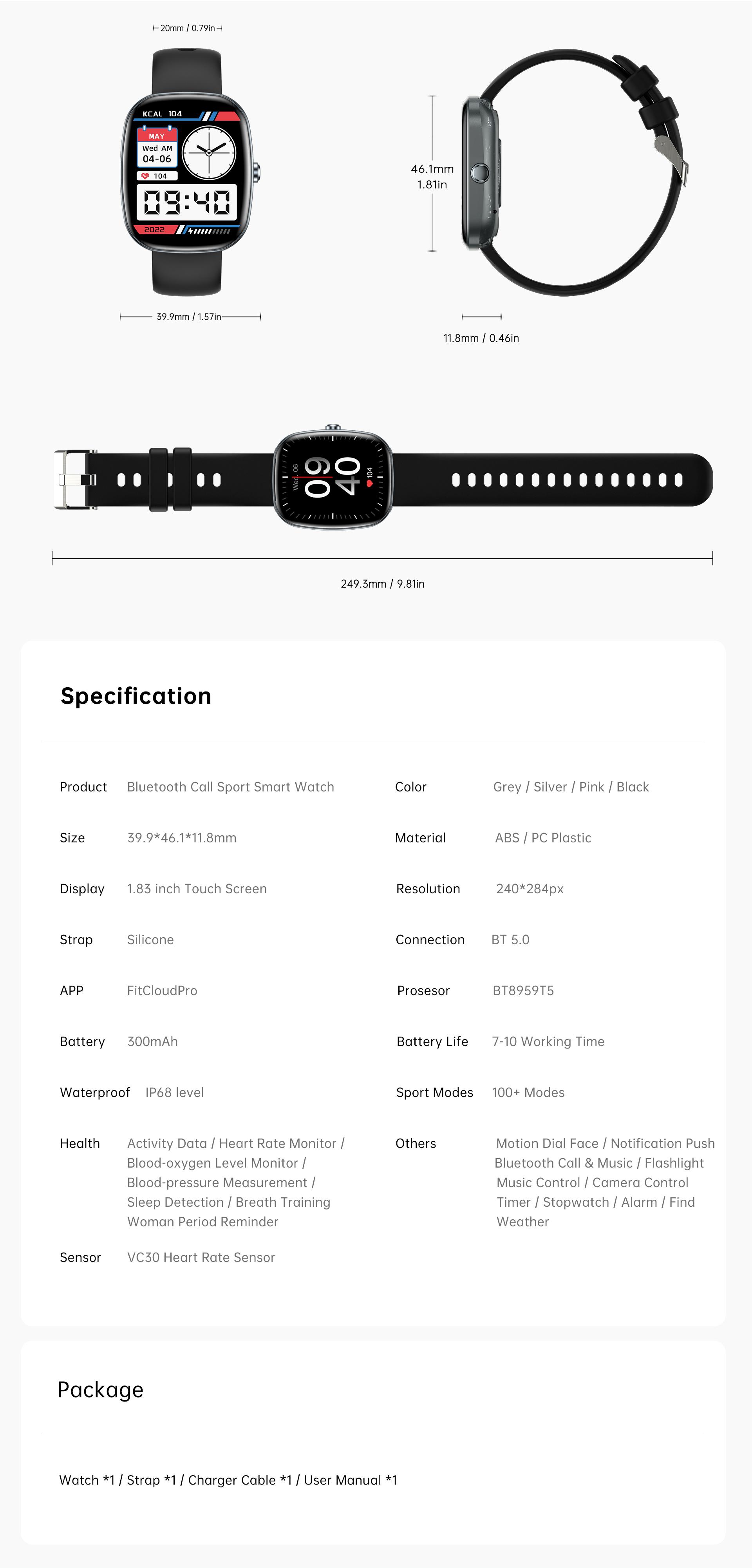 Aolon Huafit S5 Smartwatch with HD display, Bluetooth calling, DIY watch faces, health monitoring, 100 sports modes, 1.83-inch screen.