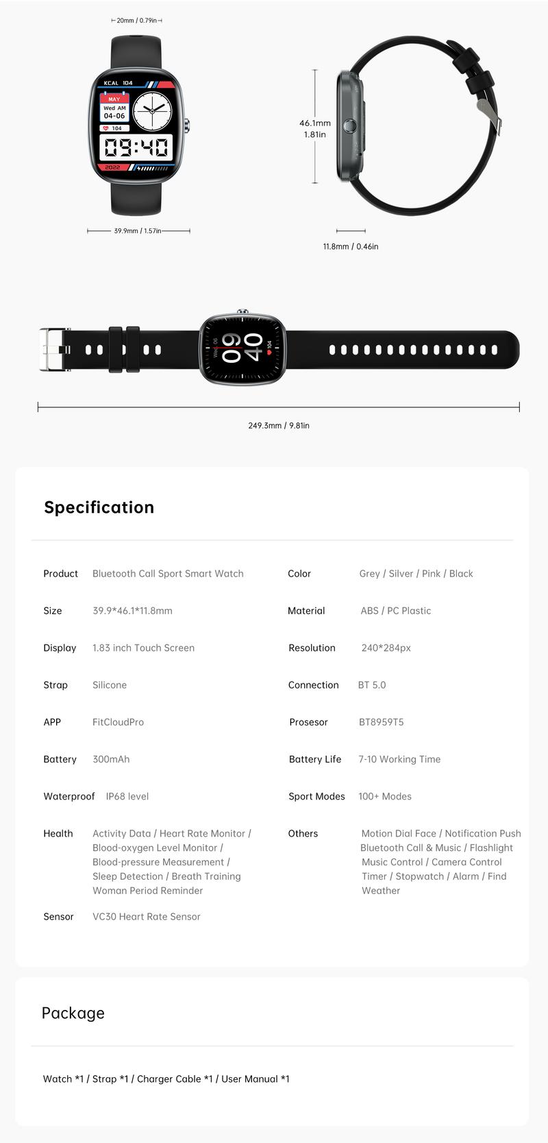 Aolon Huafit S5 Smartwatch with HD display, Bluetooth calling, DIY watch faces, health monitoring, 100 sports modes, 1.83-inch screen.