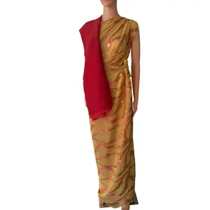 Faramsawi Dirac 3-Piece Set - Golden Turquoise Base with Golden Leaf Shimmer & Embroidered Gabasaar for Summer Elegance