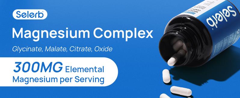 Selerb Magnesium Complex 300mg – 4 Types of Magnesium with B6, D3, Zinc, Slippery Elm – Sleep, Relaxation & Muscle Suppor Dietary t – 90 Capsules Healthcare Fitness Edible