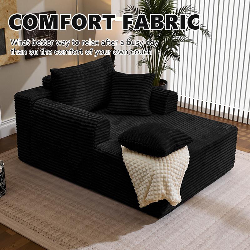 Oversized Boneless Chaise Lounge Upholstered Sofa Bed with Throw Pillows and Armrests Indoor Sleeper Chair Luxurious Plush Corduroy Chair Bed for Living Room No Assembly Required Black Color
