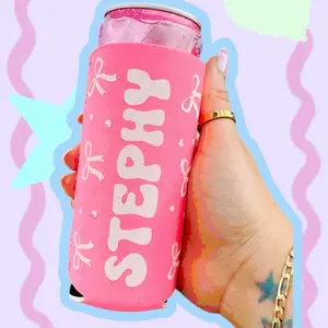 Personalized Hot Pink Slim Can Cooler – Bows & Hearts Design