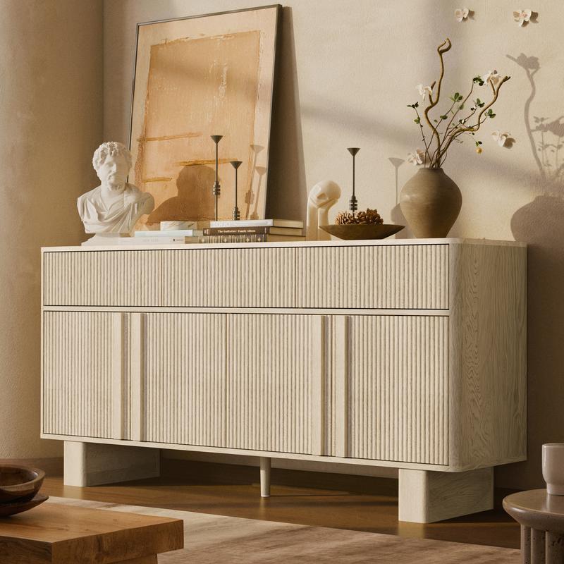 Modern Buffet Cabinet with Storage, 63" Wide Sideboard Cabinet with 3 Drawers and 4 Doors, Reinforced Wide Legs for Kitchen & Living Room, Natural Oak