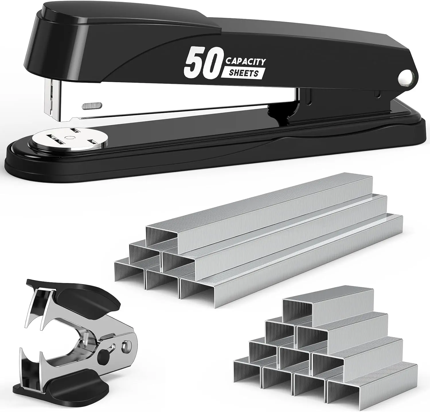 Heavy Duty Metal Stapler 50 Sheet Capacity with Staples and Staple Remover, Full Strip No Jam Desk Stapler with Non Slip Base for Office School Classroom Paper Stapling Supplies