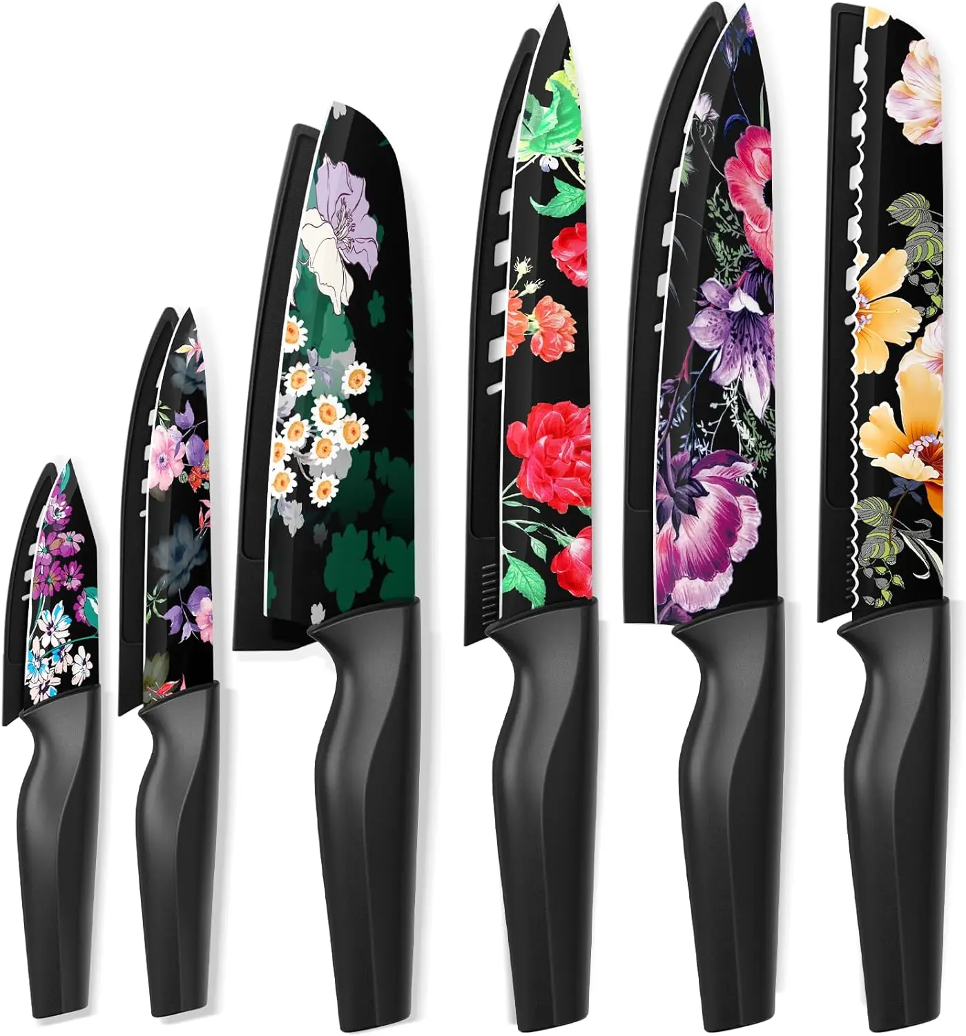 Astercook 12-Piece Thick Floral Kitchen Knife Set with Blade Guards, Dishwasher Safe, German High Carbon Stainless Steel Block, Multifunctional Kitchenware for Gifting, Knives
