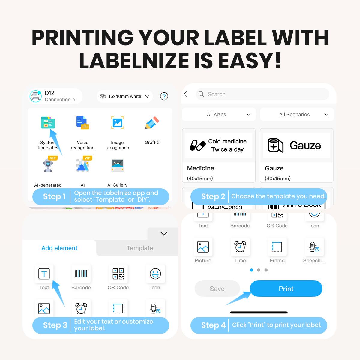 Portable Bluetooth Label Printer D12 Wireless Handheld Thermal Printer with Tape Mini Sticker Maker for Barcodes Storage Office Home Organization