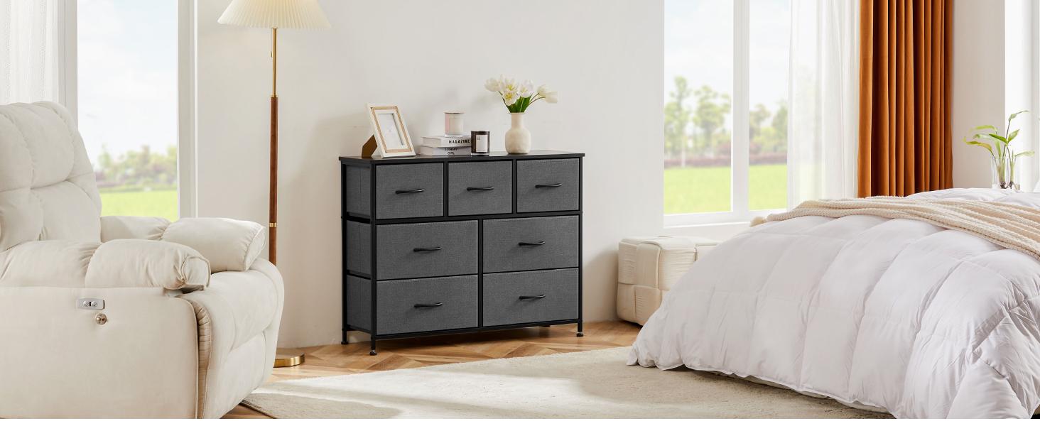 【Deal】Sweetfurniture Dresser for Bedroom, Storage Drawers, TV Stand Fabric Storage Tower with 7 Drawers, Chest of Drawers with Fabric Bins