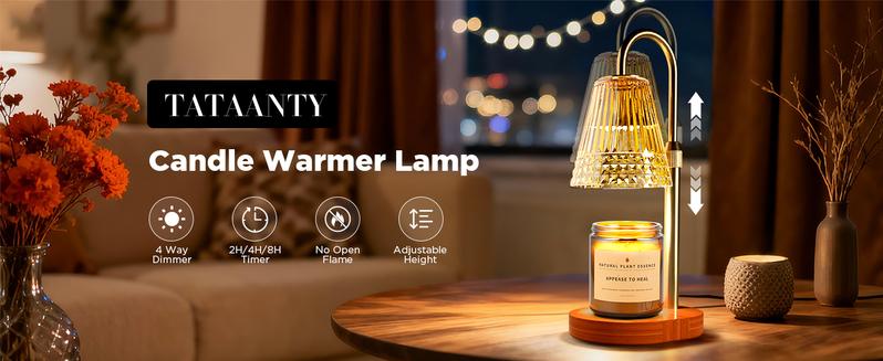 TATAANTY Candle Warmer Lamp with Timer Dimmable, Height-Adjustable Candle Warmer with 2 Bulbs, Melt Wax Warmer Lamp, House Warming Gifts New Home,Gifts for Women, Golden Glass Shade, Wood Base