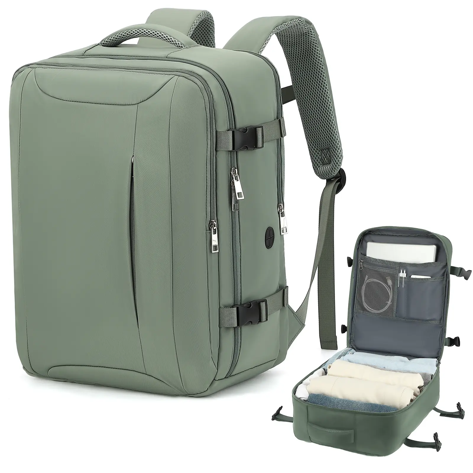 Telura Green 25L Minimalist Durable Casual Travel Laptop Backpack - Airline Approved Waterproof Nylon Carry On Luggage, 17.7x7.1x13.8in, Adjustable, Lightweight, 15.6" Laptop Compartment, Zipper Closure, Hand Wash Only, Under-Seat Short Trip Bag