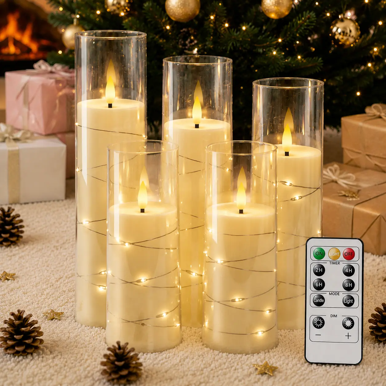 Flameless LED Candles with Embedded Star String, 5 Pcs Battery Operated Acrylic Pillar Candles with Timer and Remote, Flickering Candles for Romantic Ambiance and Home Decoration Mood Decorative Led Ambient Light Back to School