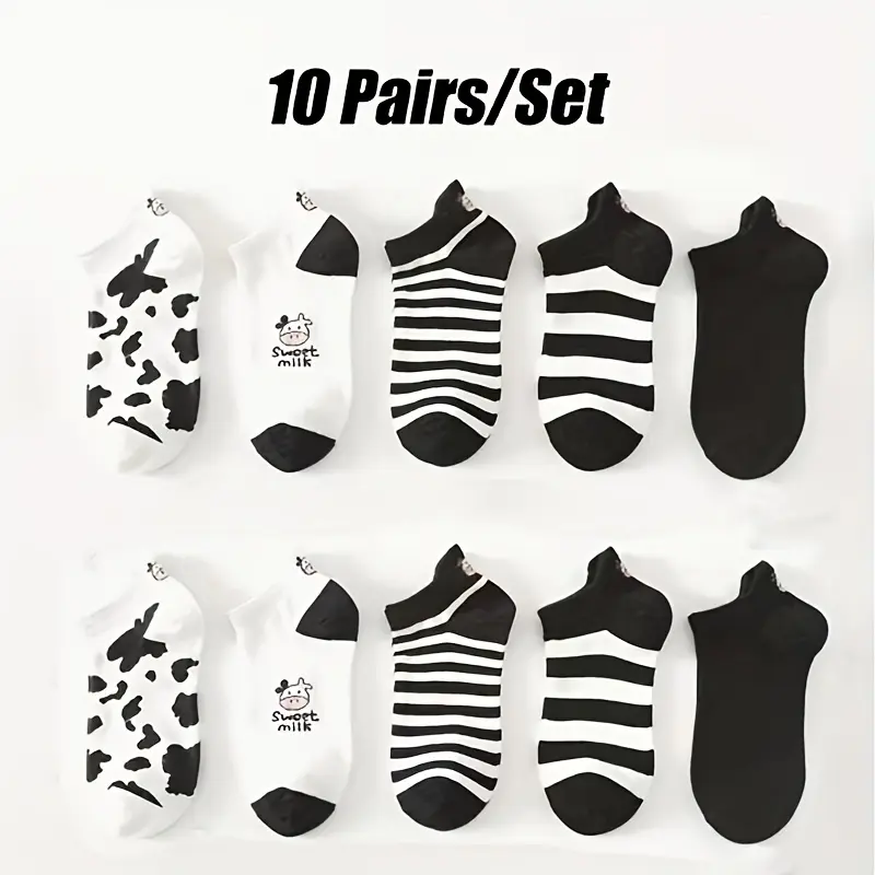 10 Pairs Cute Cow‑Style Ankle Socks for Women and Girls, Printed with Black‑and‑White Cartoon Patterns, Low‑Cut Toe‑Closed Design with Heel Strap, 10‑Pair Mixed Pack, Made of Breathable and Soft Blended Fabric
